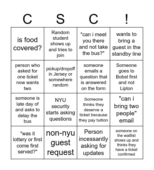 Six Flags Bingo Card