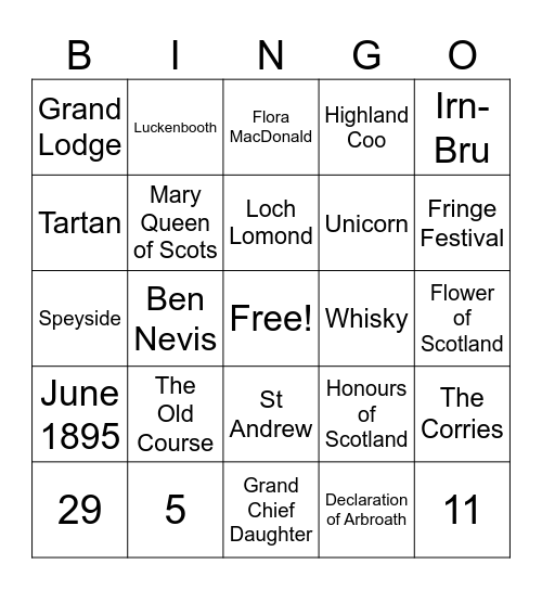 Daughters of Scotia Bingo Card