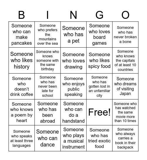 Icebreaker Bingo Card