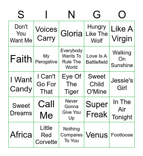SINGO! Bingo Card