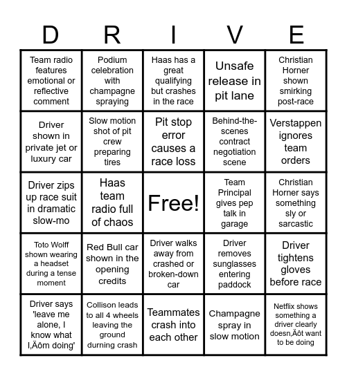 DTR - Season 7 Retreat - DRIVE Game Bingo Card