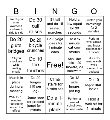 HCSS BINGO - National Exercise Week Bingo Card