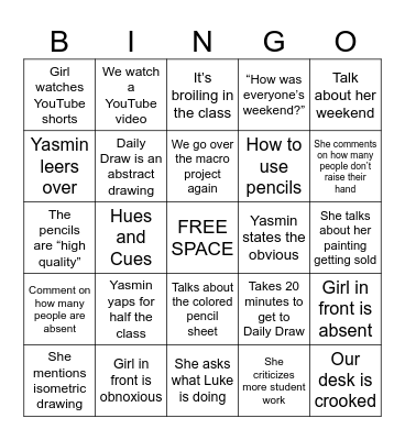 Art Class Bullshit Bingo Card