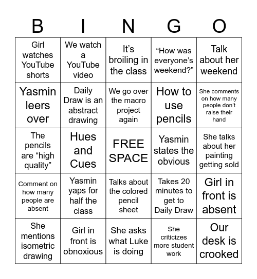 Art Class Bullshit Bingo Card