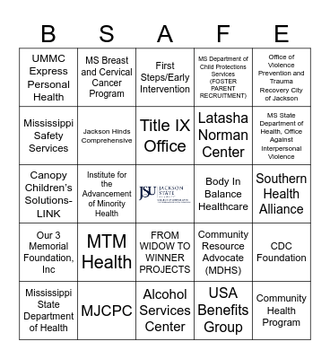 JSU IADSC LOVE YOURSELF SAFETY FAIR BINGO Card