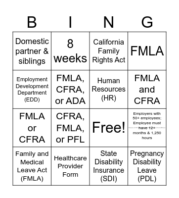 Leave of Absence Bingo Card