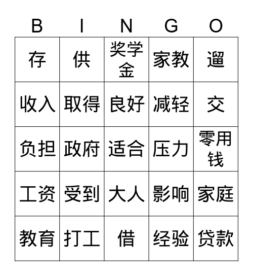 打工 Bingo Card