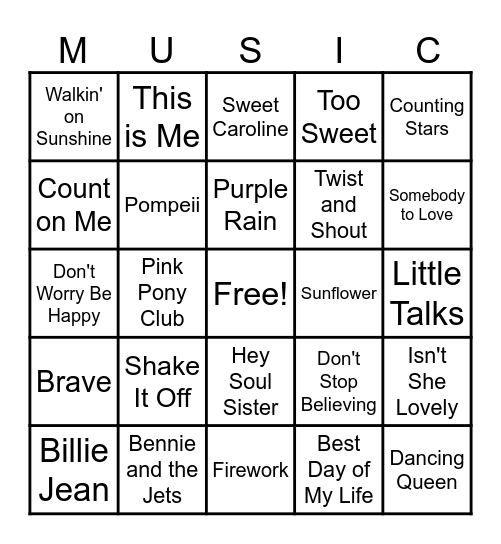 Name that Song Musical Bingo Card
