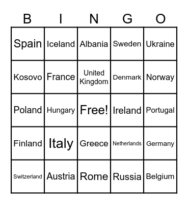 European Countries Bingo Card