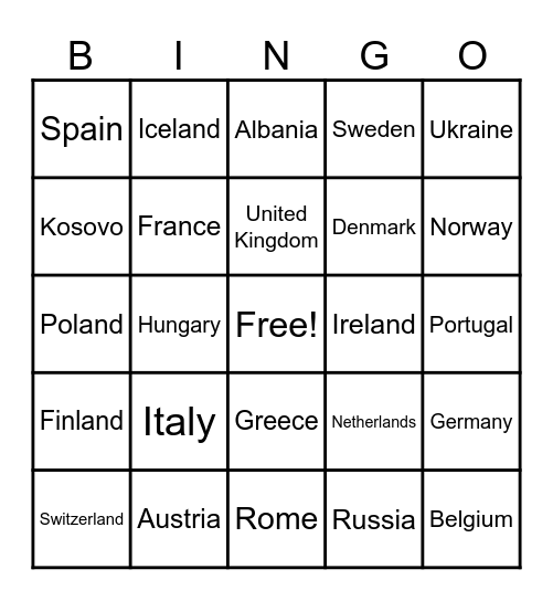 European Countries Bingo Card