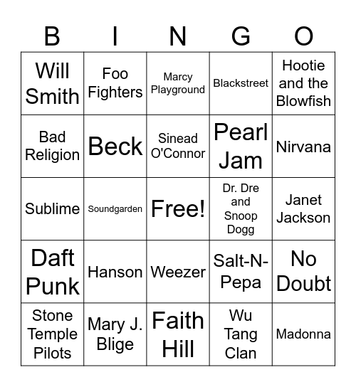 90s Musical Bingo Card