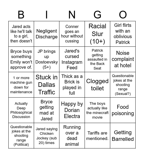 Bachelor's Trip Bingo Card