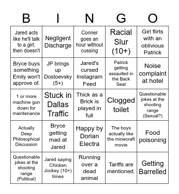 Bachelor's Trip Bingo Card