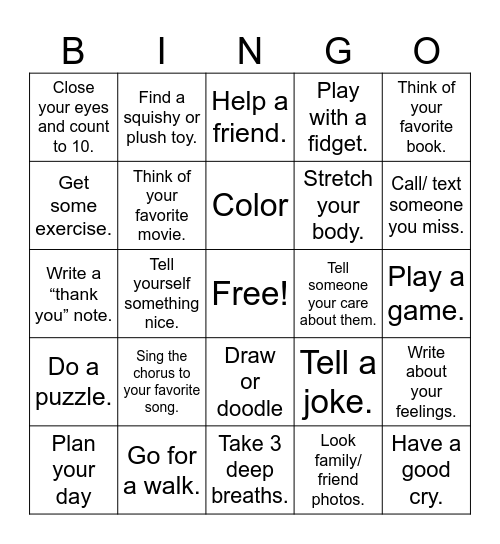 Coping Skills Bingo Card