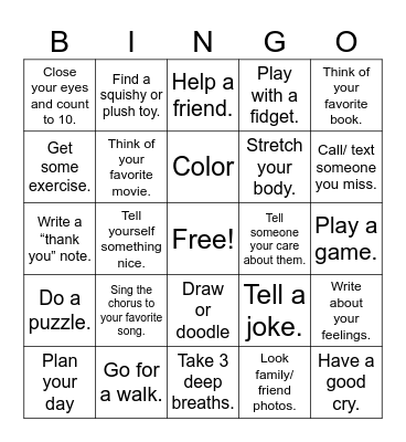 Coping Skills Bingo Card