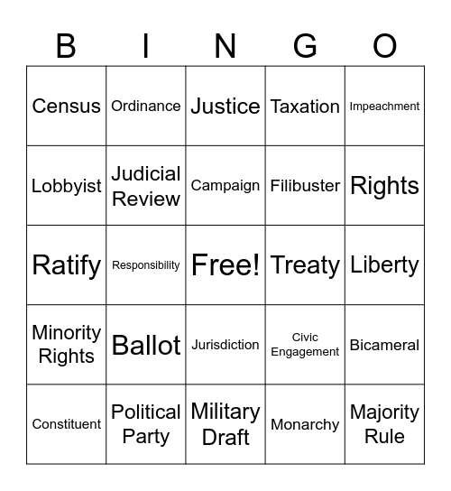Civics Vocab Bingo Game #2 Bingo Card