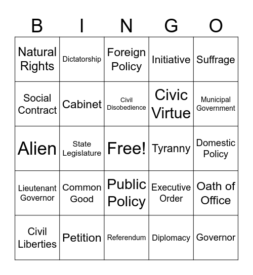 Civics Vocab Bingo Game #3 Bingo Card