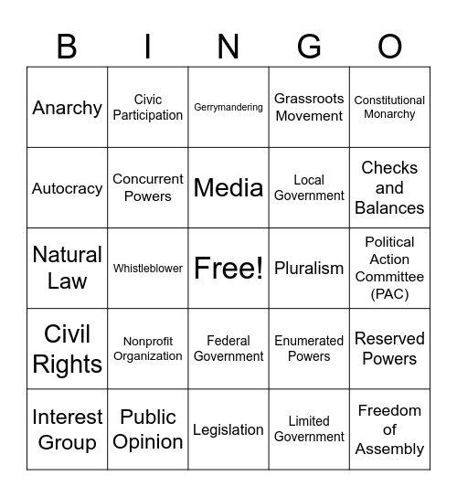 Civics Vocab Bingo Game #4 Bingo Card