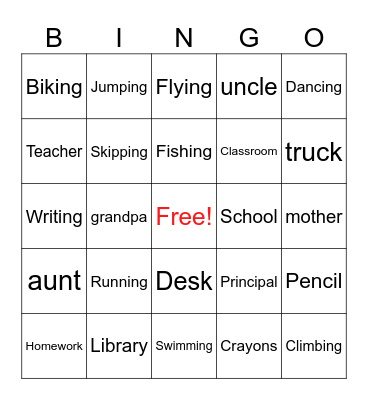 Nouns and Verbs Bingo Card