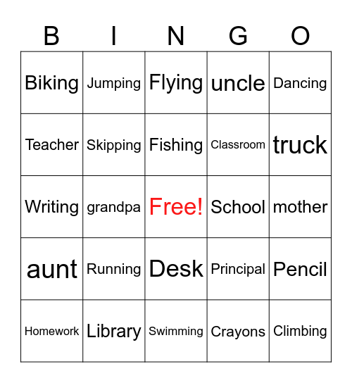 Nouns and Verbs Bingo Card