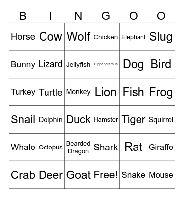 Animals Bingo Card