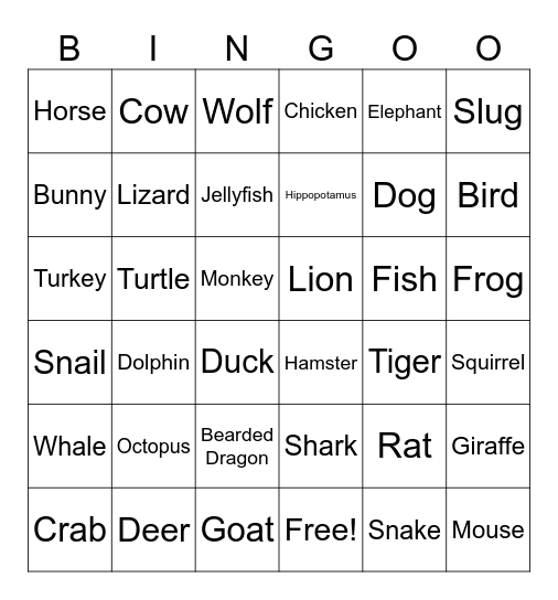 Animals Bingo Card