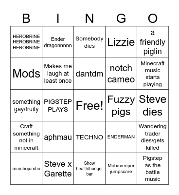 MINECRAFT MOVIE Bingo Card