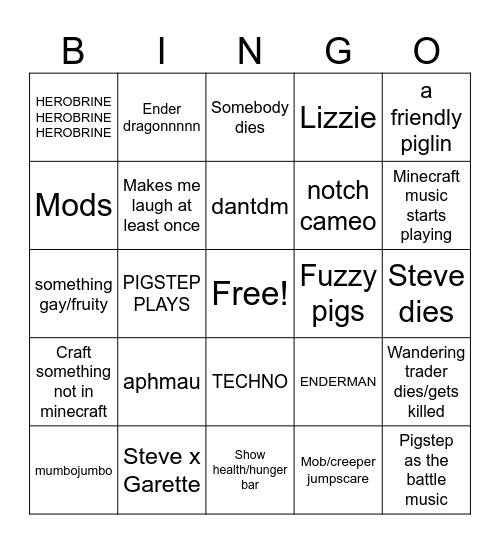 MINECRAFT MOVIE Bingo Card