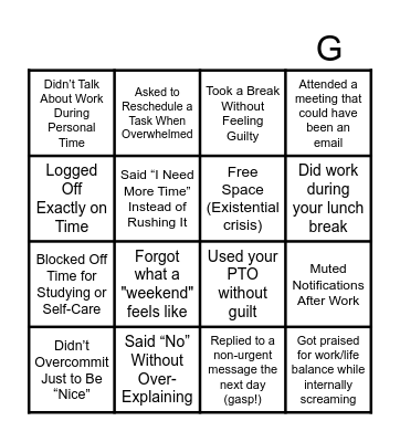 Work/Life Balance Bingo Card