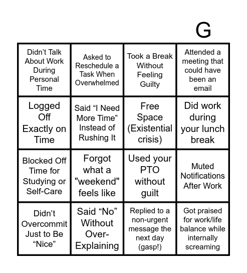 Work/Life Balance Bingo Card