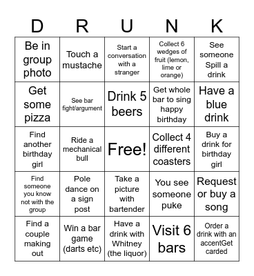 Whitney’s Birthday Bingo Card