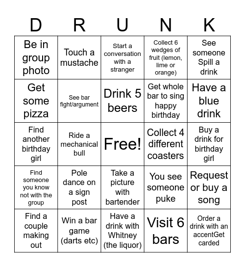 Whitney’s Birthday Bingo Card