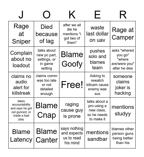 Joker Bingo Card