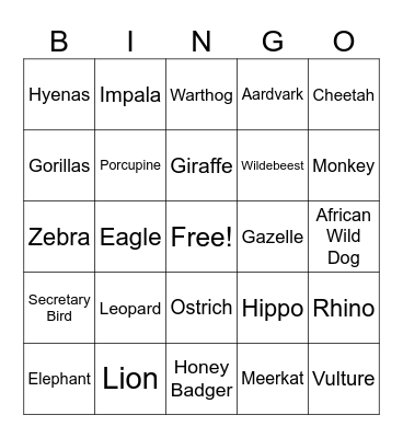 SAFARI ANIMALS Bingo Card