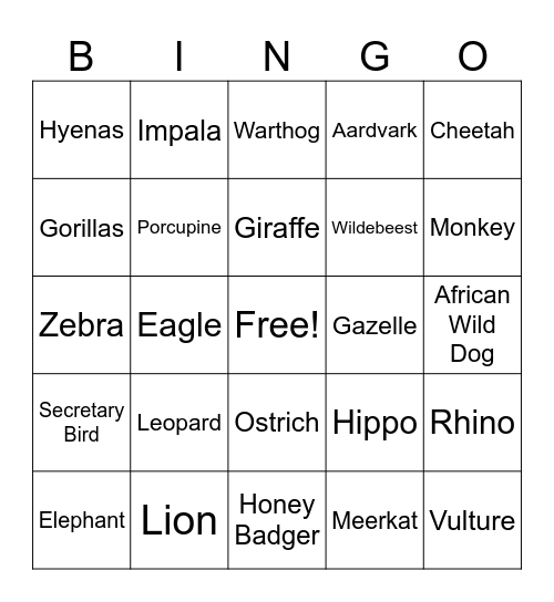 SAFARI ANIMALS Bingo Card