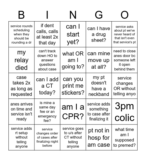 Central Scheduling Bingo Card