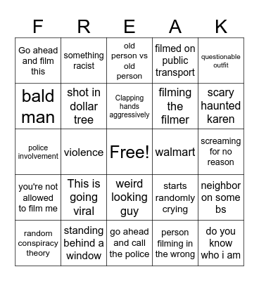 Public Freakouts Bingo Card