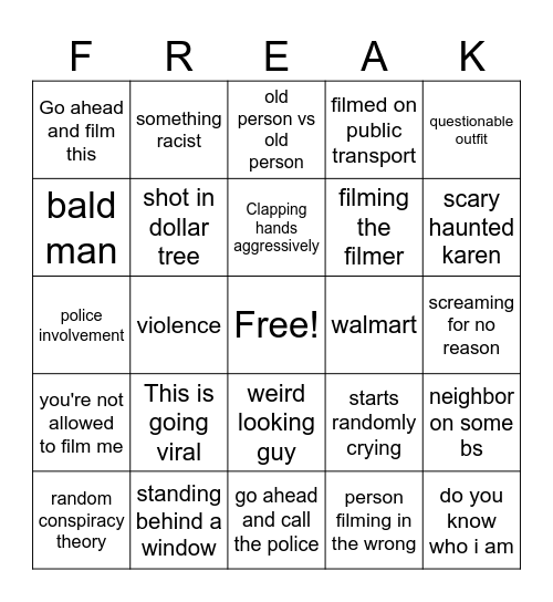 Public Freakouts Bingo Card