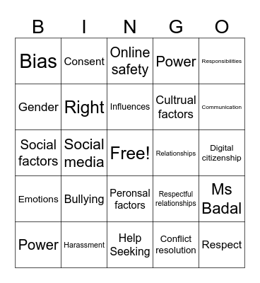 Year 8 Bingo - Respectful Relationships Bingo Card