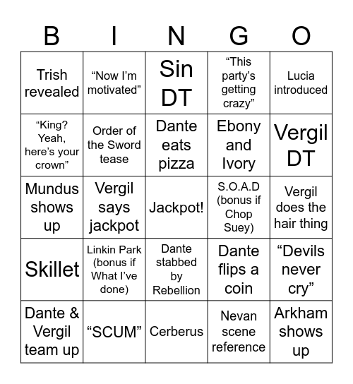 DMC anime season 2 Bingo Card