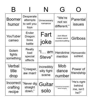 Minecraft Movie Bingo Card