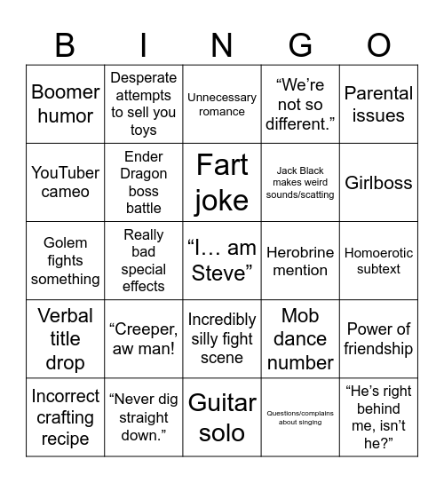 Minecraft Movie Bingo Card