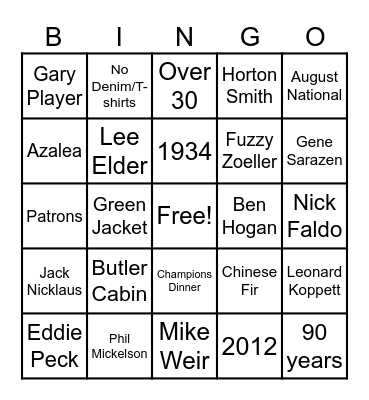 Masters Bingo Card