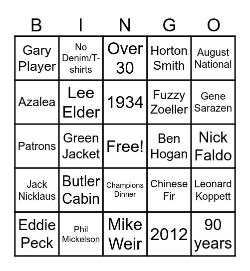 Masters Bingo Card