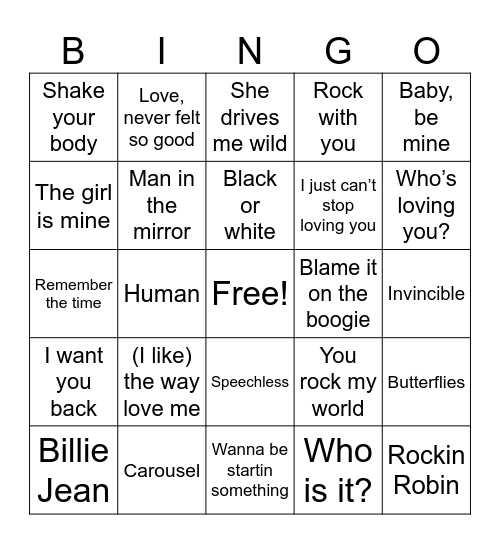 Micheal Jackson Bingo Card