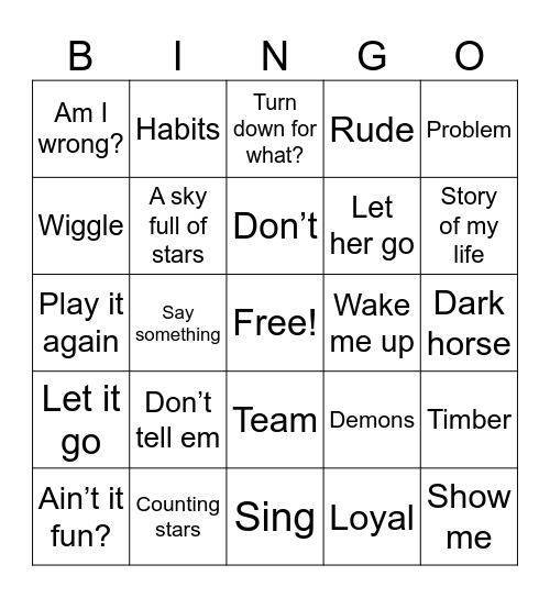 2014 Billboard Hits Bingo Card