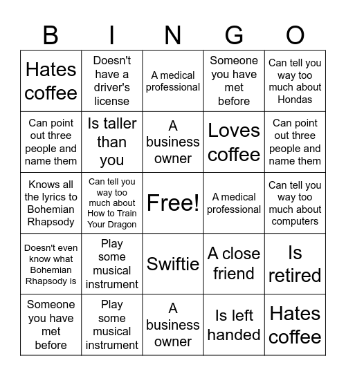 Guest List BINGO Card