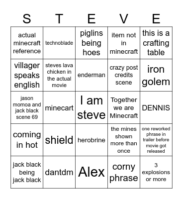 Minecraft Movie Bingo Card Bingo Card