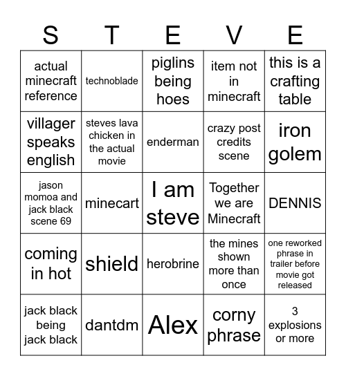 Minecraft Movie Bingo Card Bingo Card