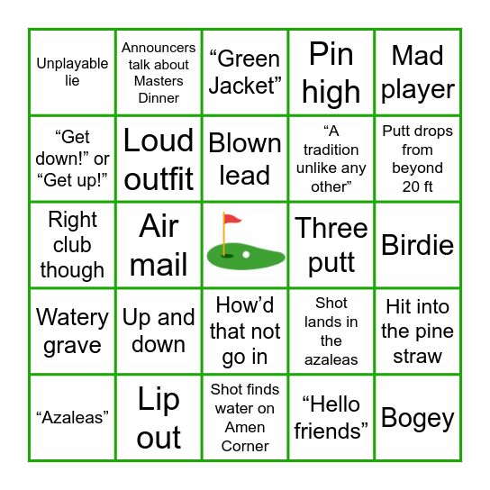 MASTERS GOLF BINGO Card